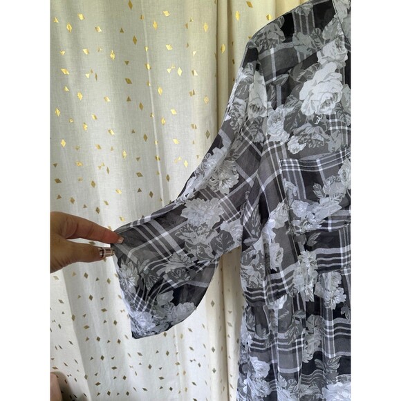 Torrid Emma Sheer Floral Plaid Chiffon Mandarin Collar Tunic Babydoll Blouse 1X - Picture 3 of 10